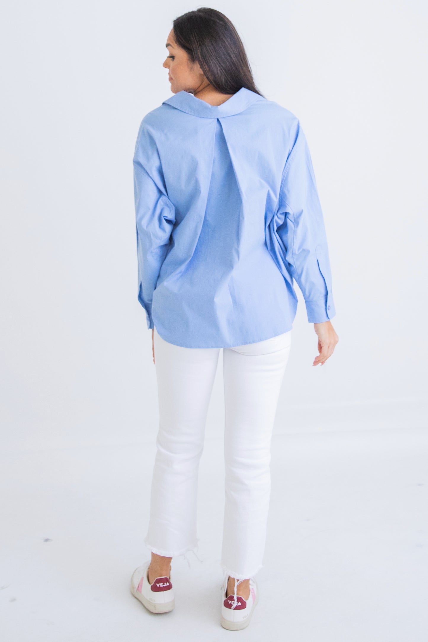KARLIE| Blue Poplin Oversized Button Up Top