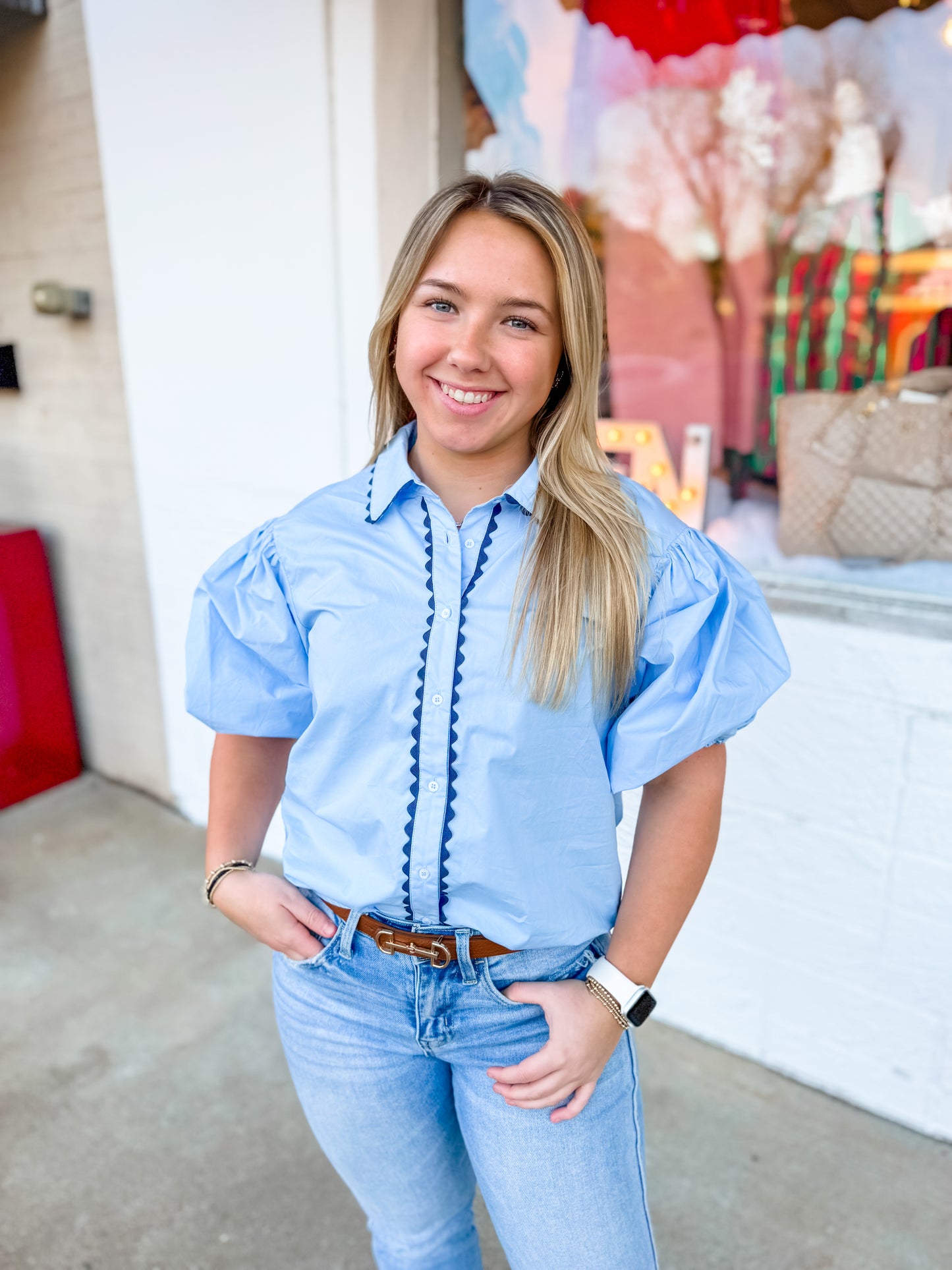 KARLIE| Blue Poplin Contrast Top