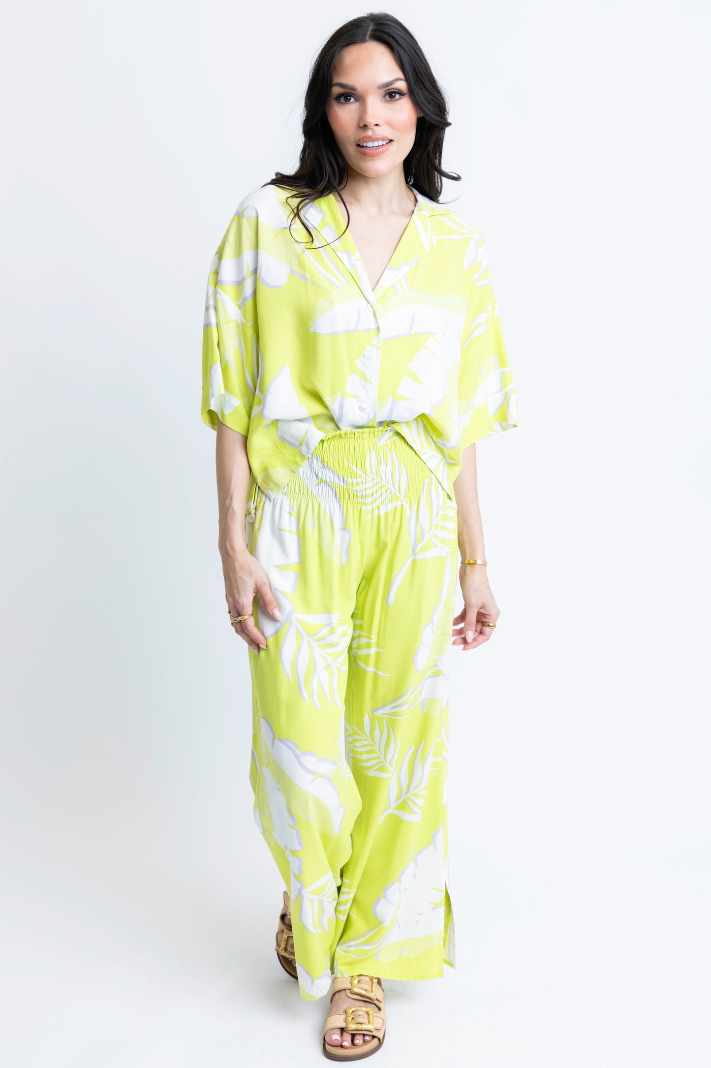 KARLEI| Lime Palm Leaf Smock Waist Pant