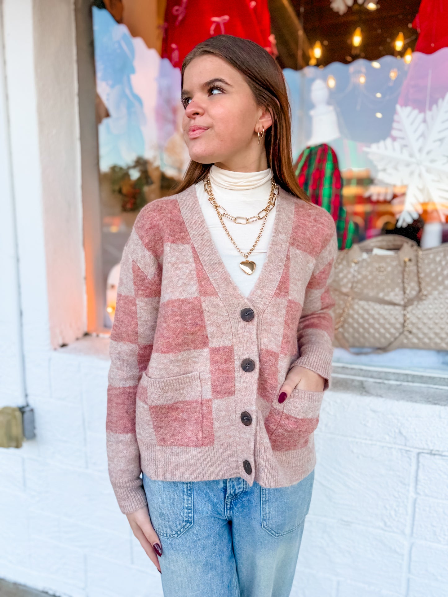 KARLIE| Blush Square Check Cardigan Sweater