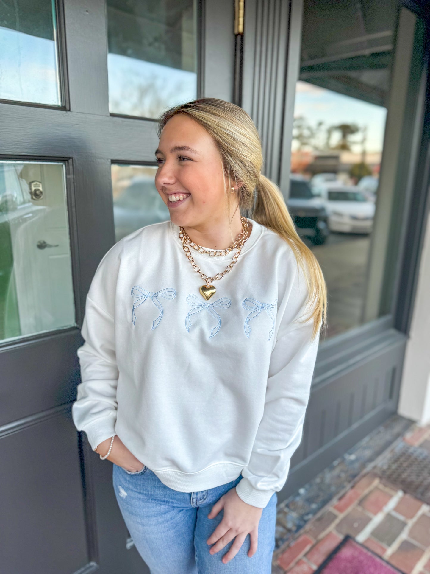 Off White Blue Bow Embroidered Sweatshirt