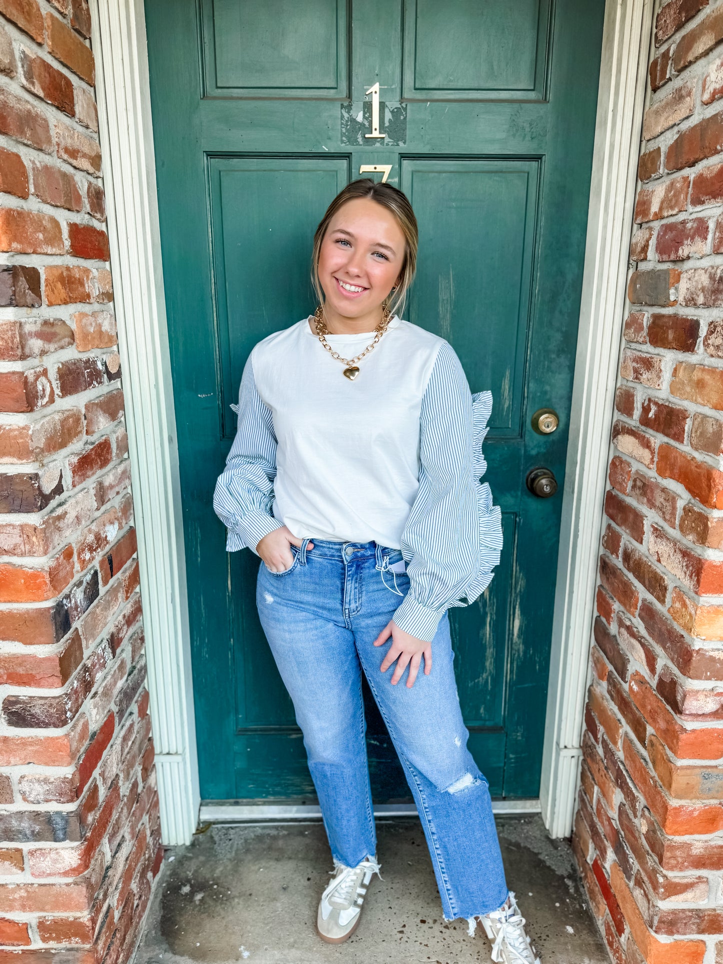 Green & White Contrast Stripe Long Sleeve Top