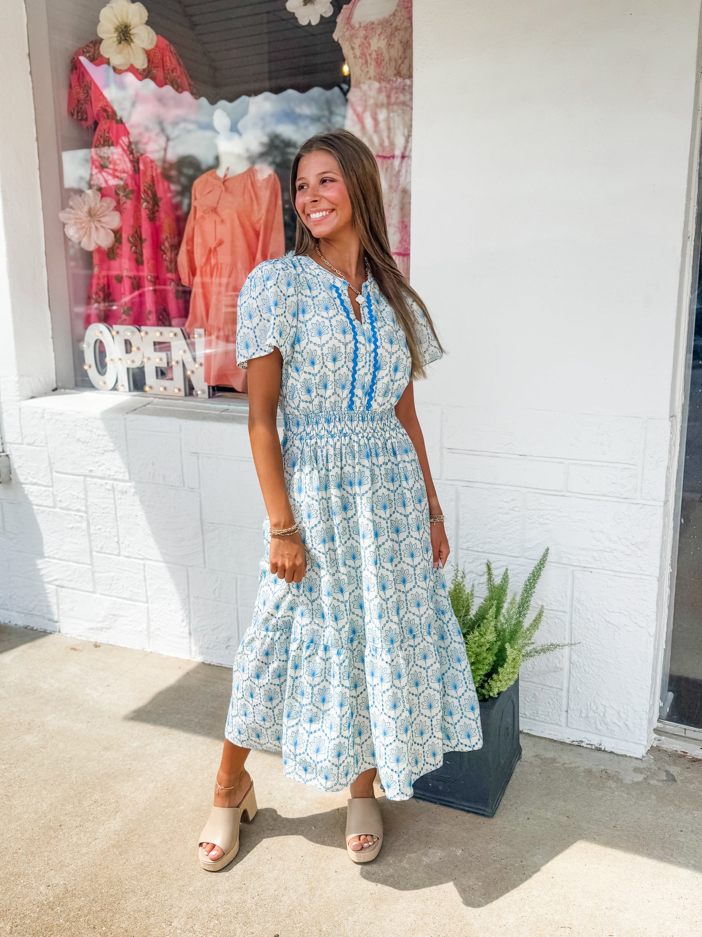 Aqua Fan Embroidery MIDI Dress
