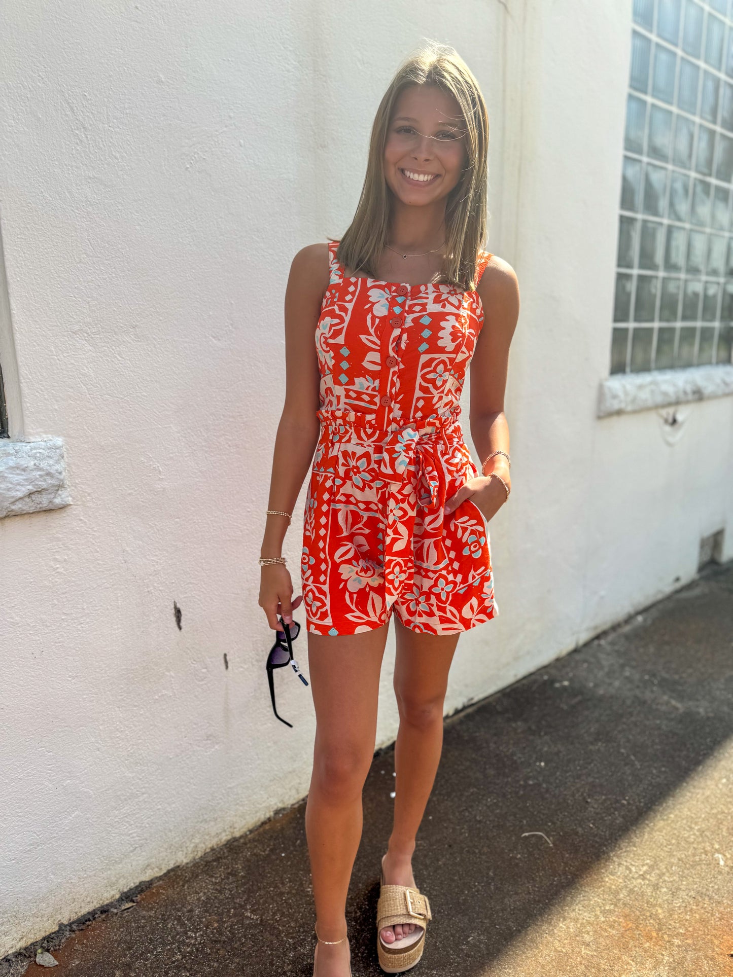 Orange & Teal Square Neck Romper