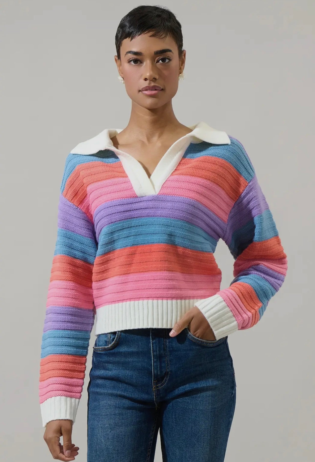 Roselyn Striped Collard Sweater