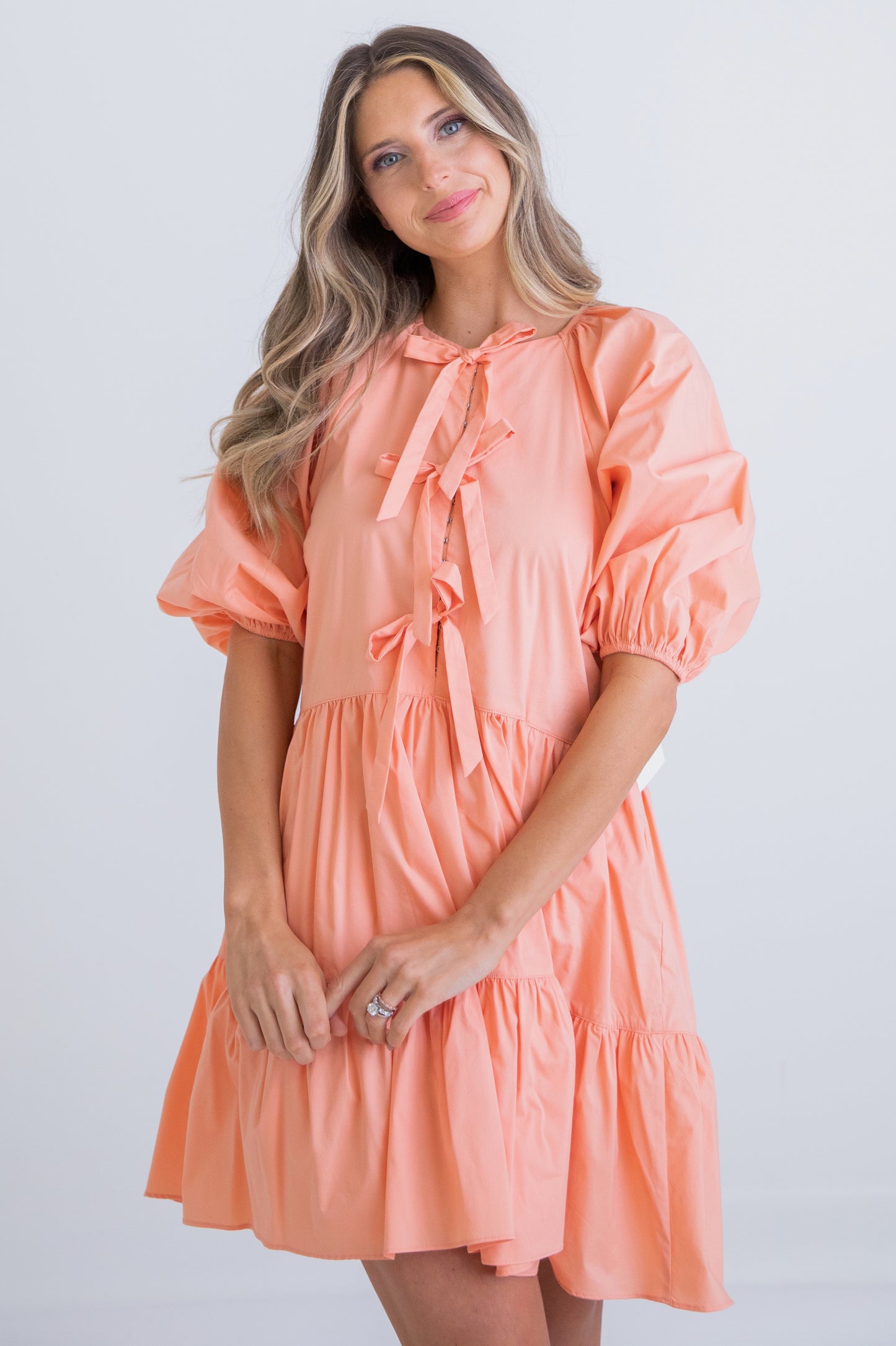 KARLIE| Papaya Solid Bow Poplin Dress