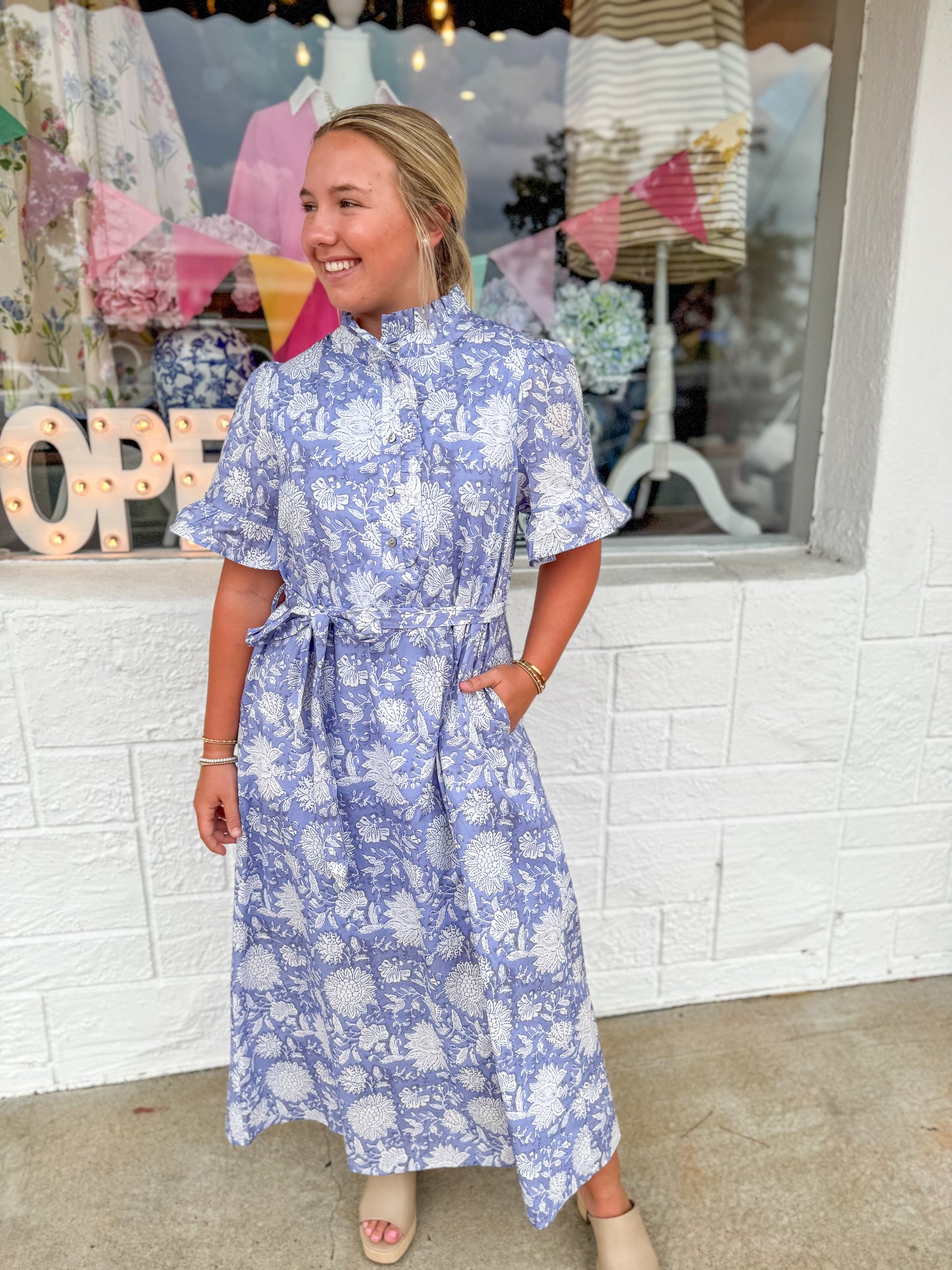 Indigo Blue Ruffle Collared Dress