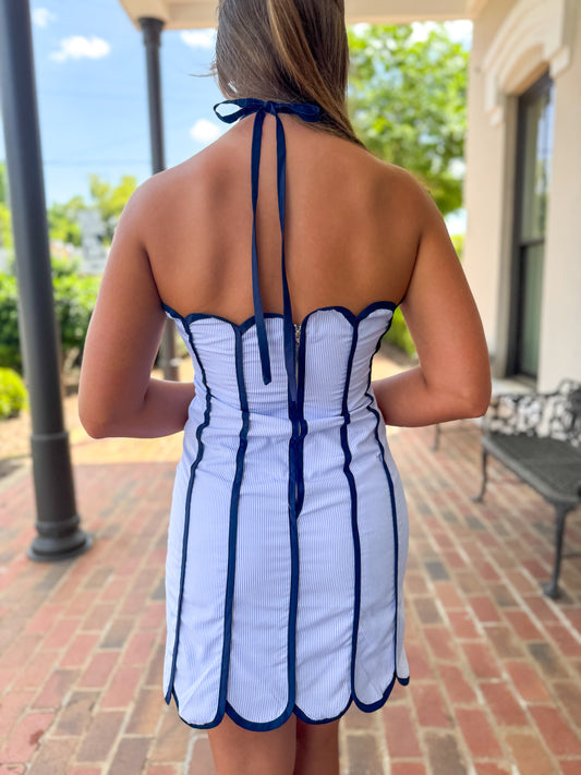 Seersucker Scallop Blue Dress