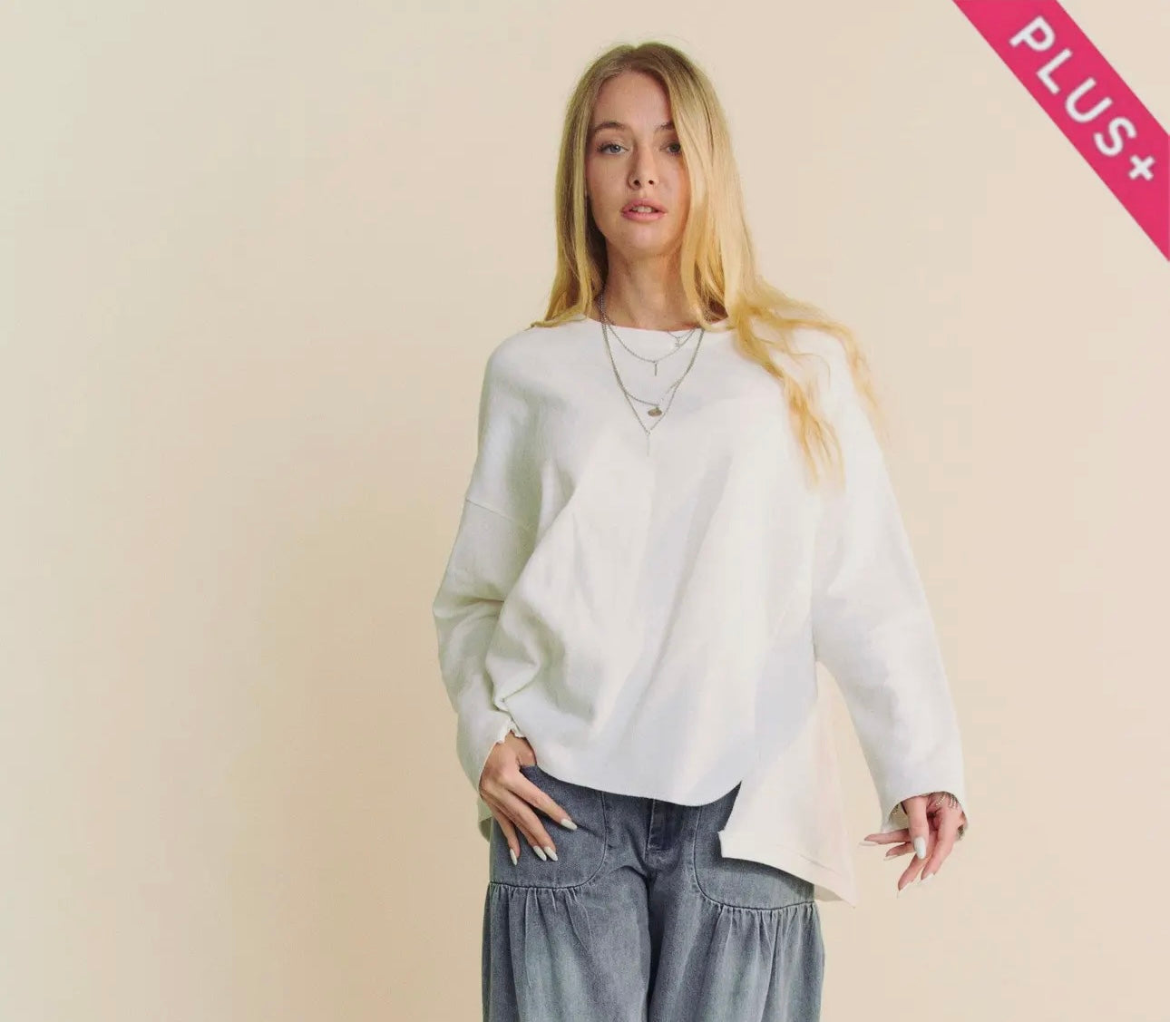 PLUS White Round Neck Top