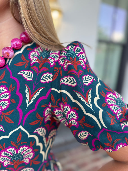 Hunter Green & Magenta Midi Dress