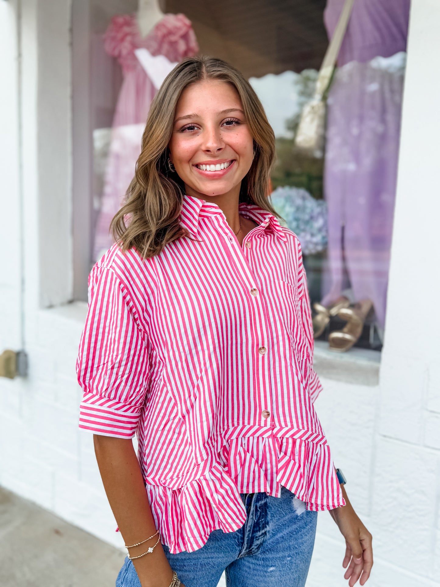 Pink Pinstripe Ruffle Top