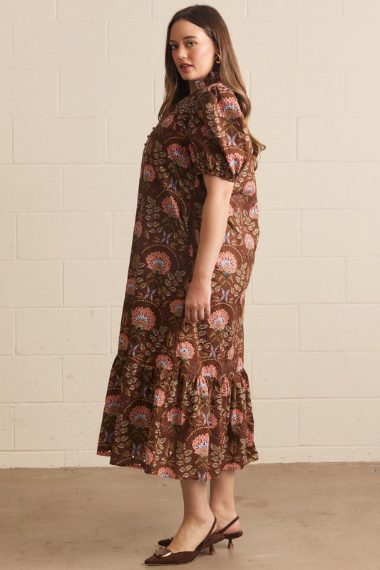 Brown Fall Floral Midi Dress