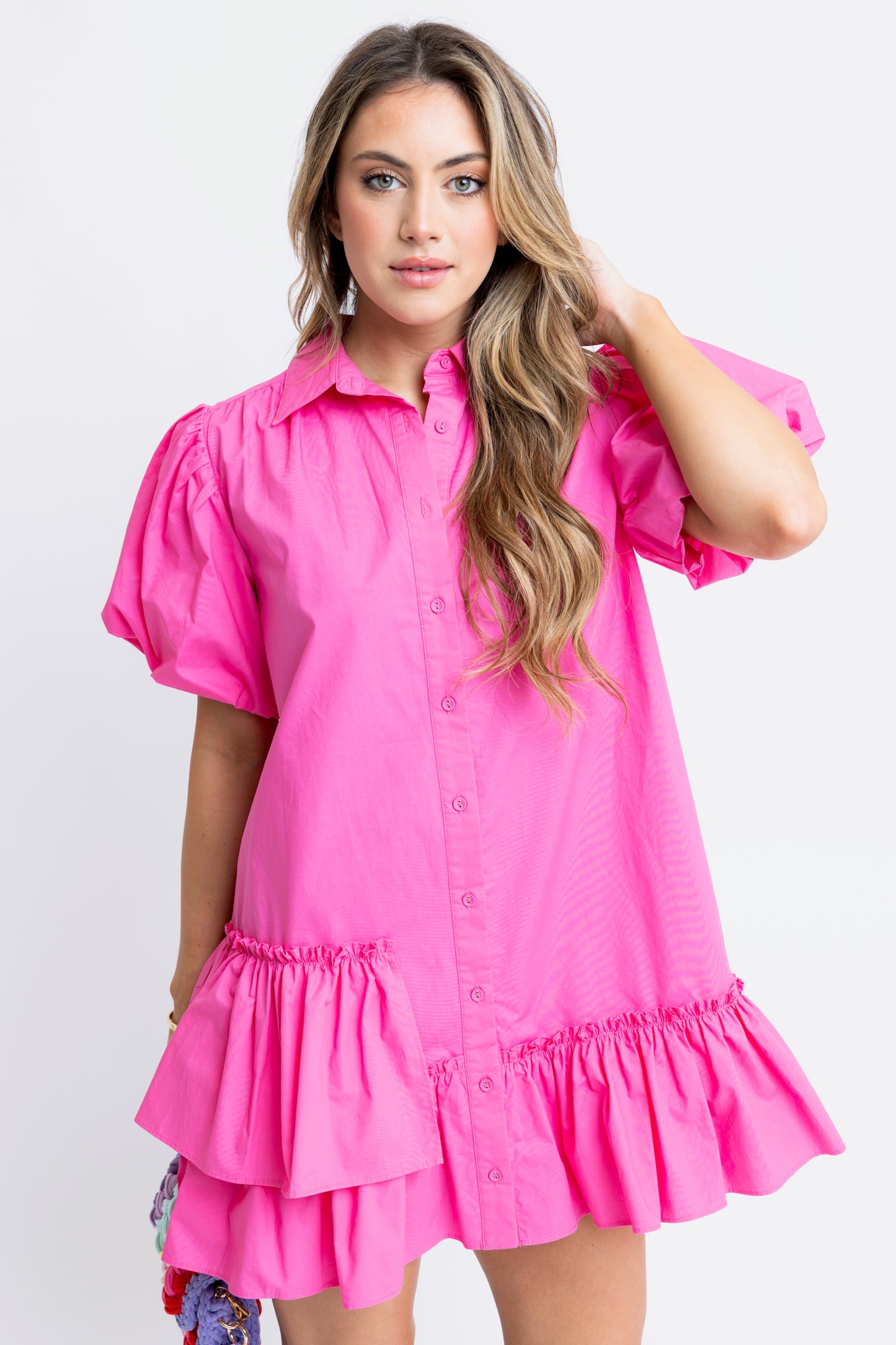 KARLIE| Hot Pink Solid Ruffle Bottom Shirt Dress