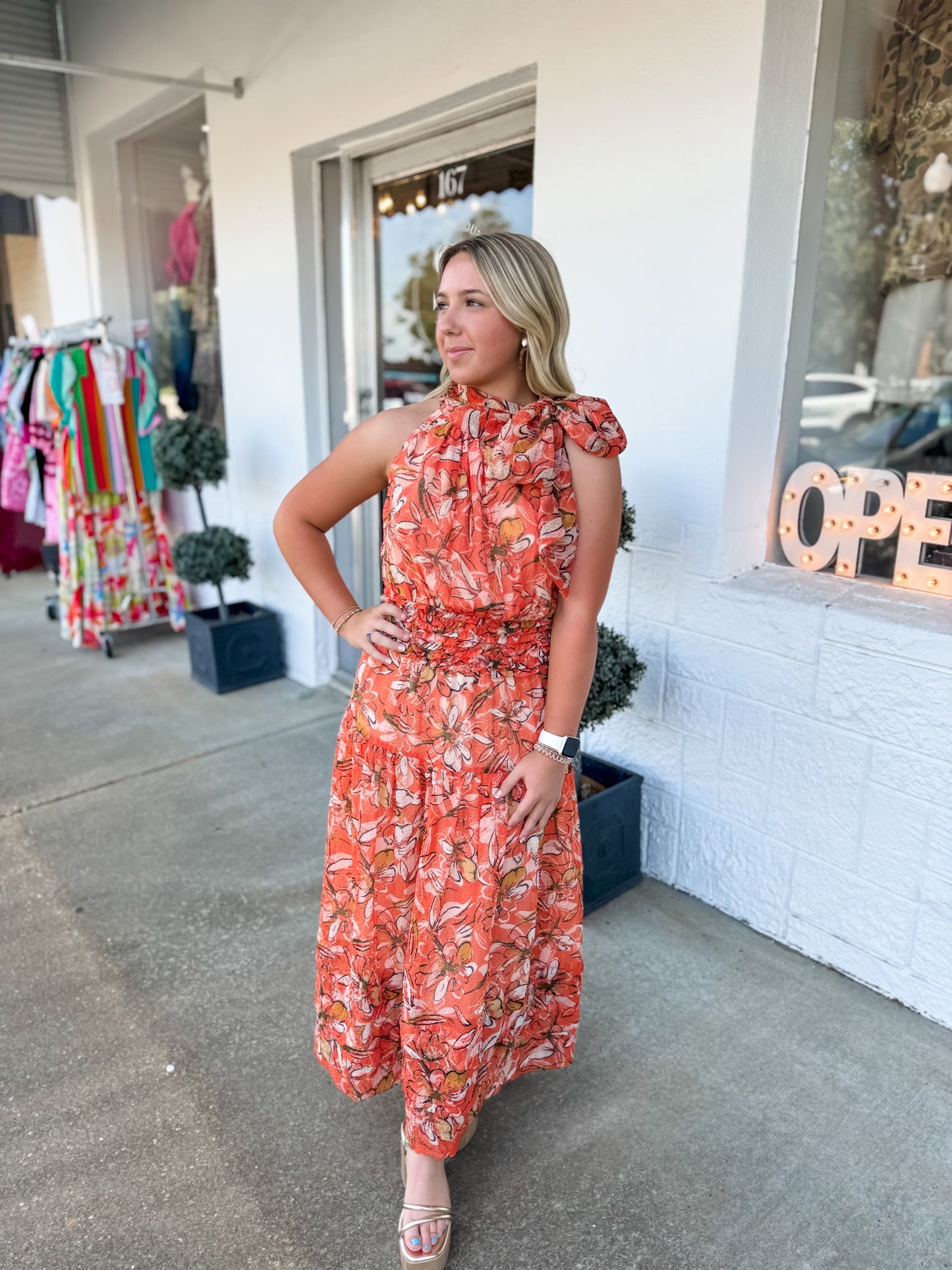 Dusty Orange Neck Tie Midi Dress