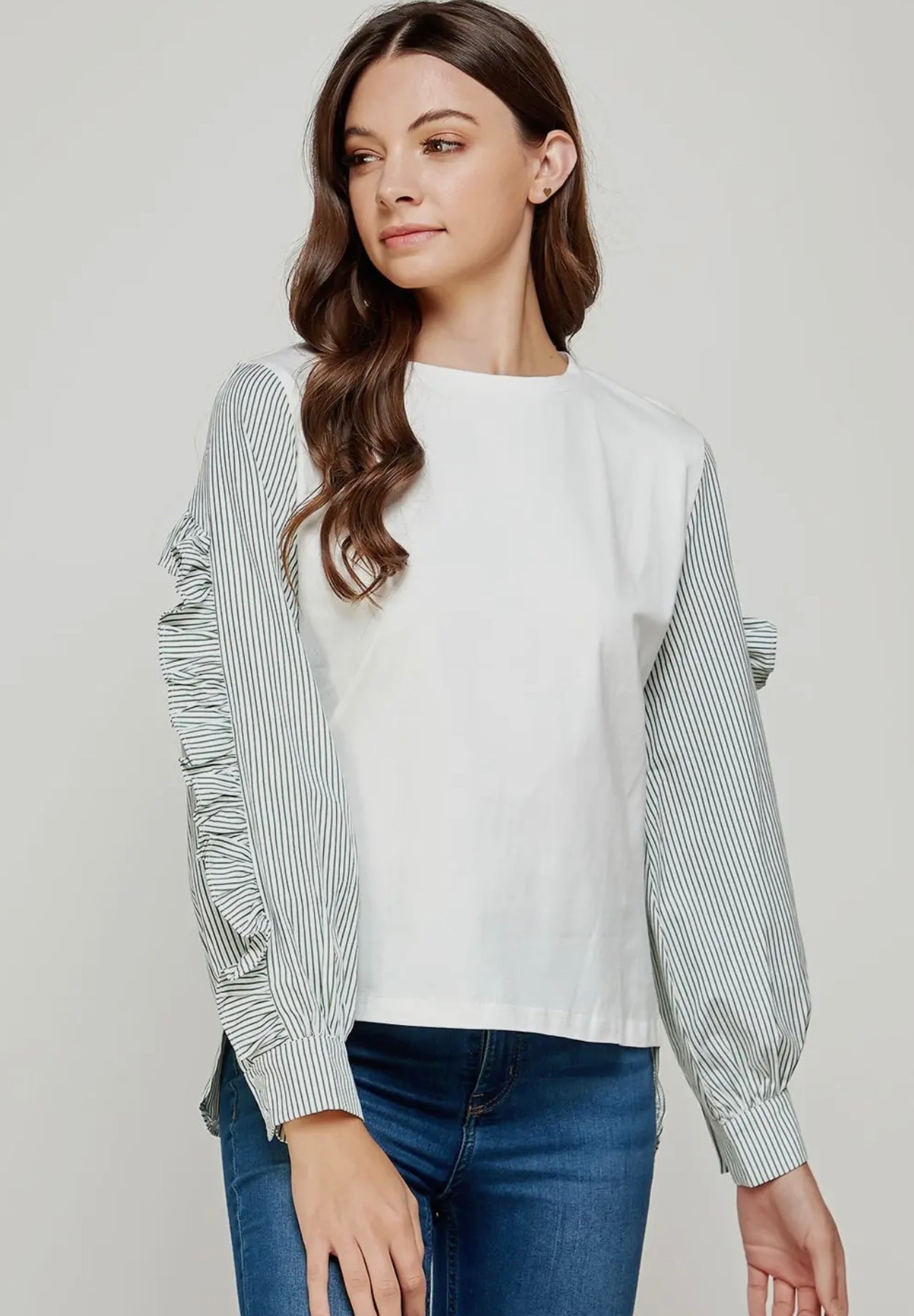 Green & White Contrast Stripe Long Sleeve Top