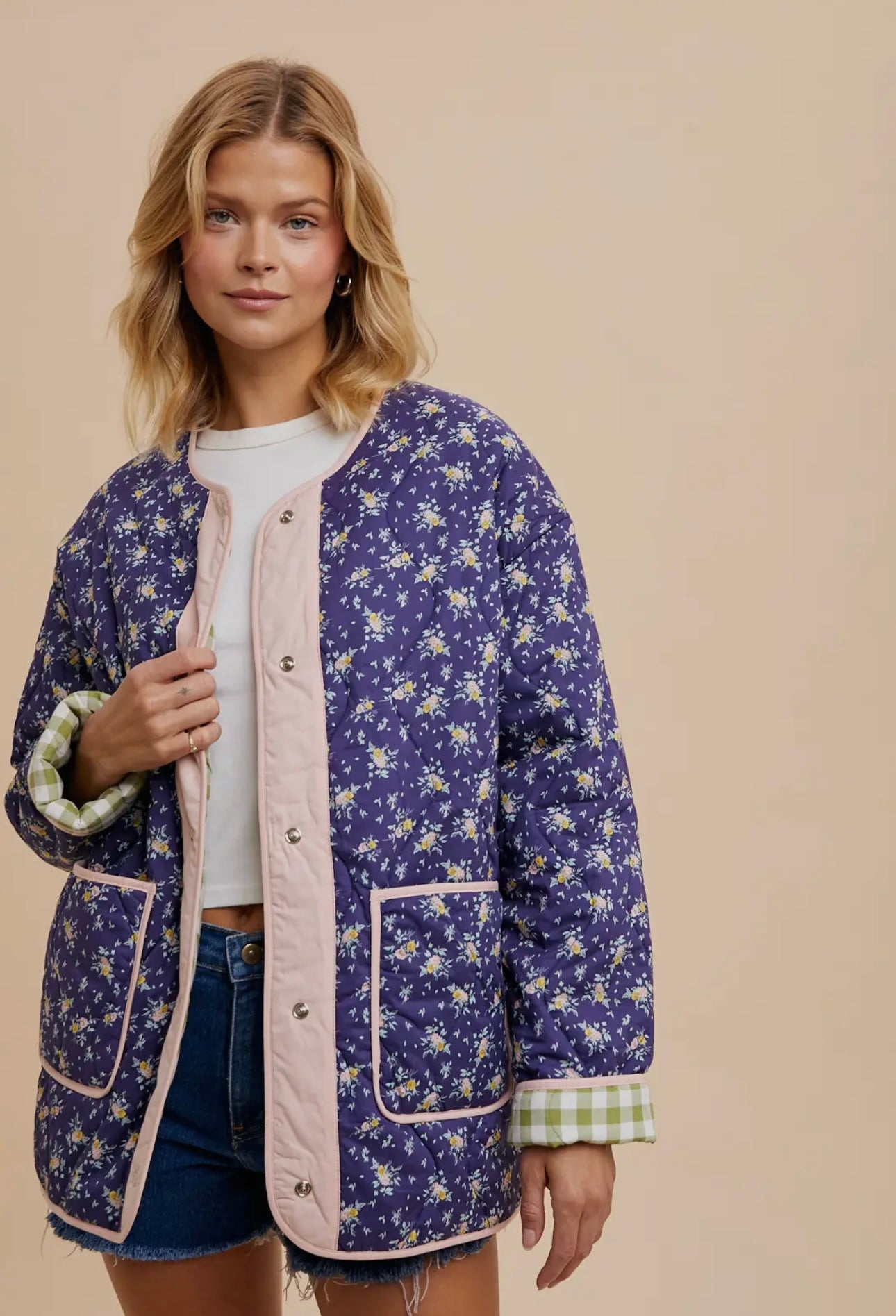 Midnight Floral/ Green Gingham Reversible Quilt Jacket