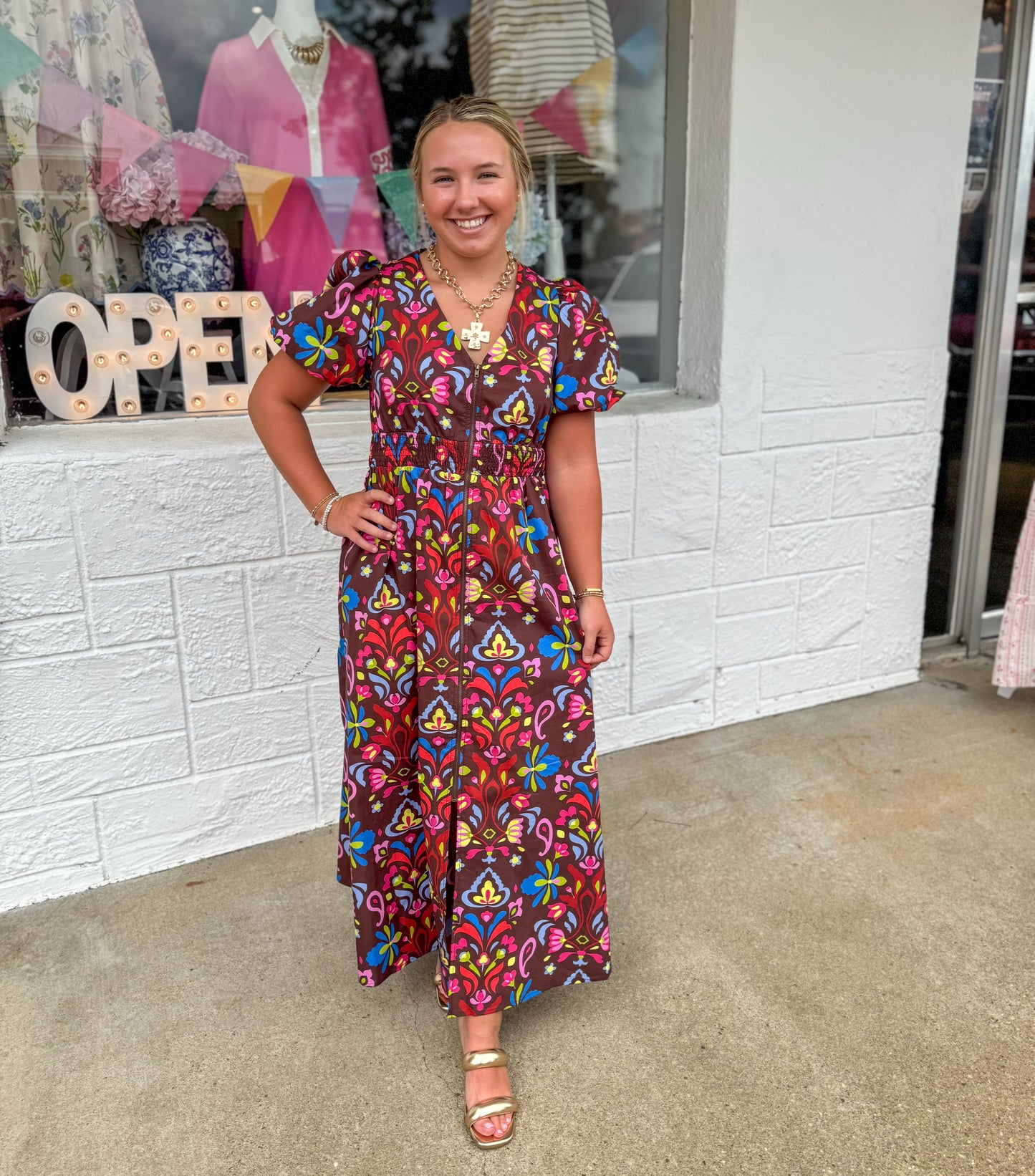 Brown DaMask Print Dress