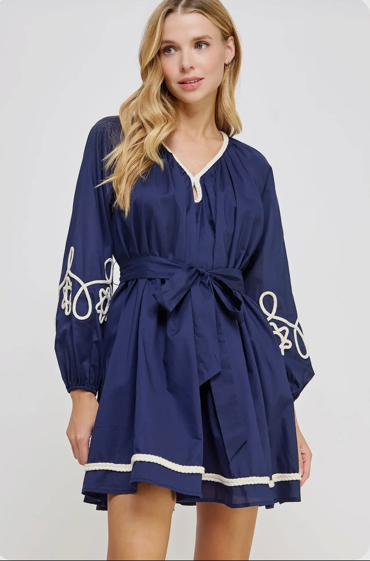 Navy Braid Trim Voile Mini Dress