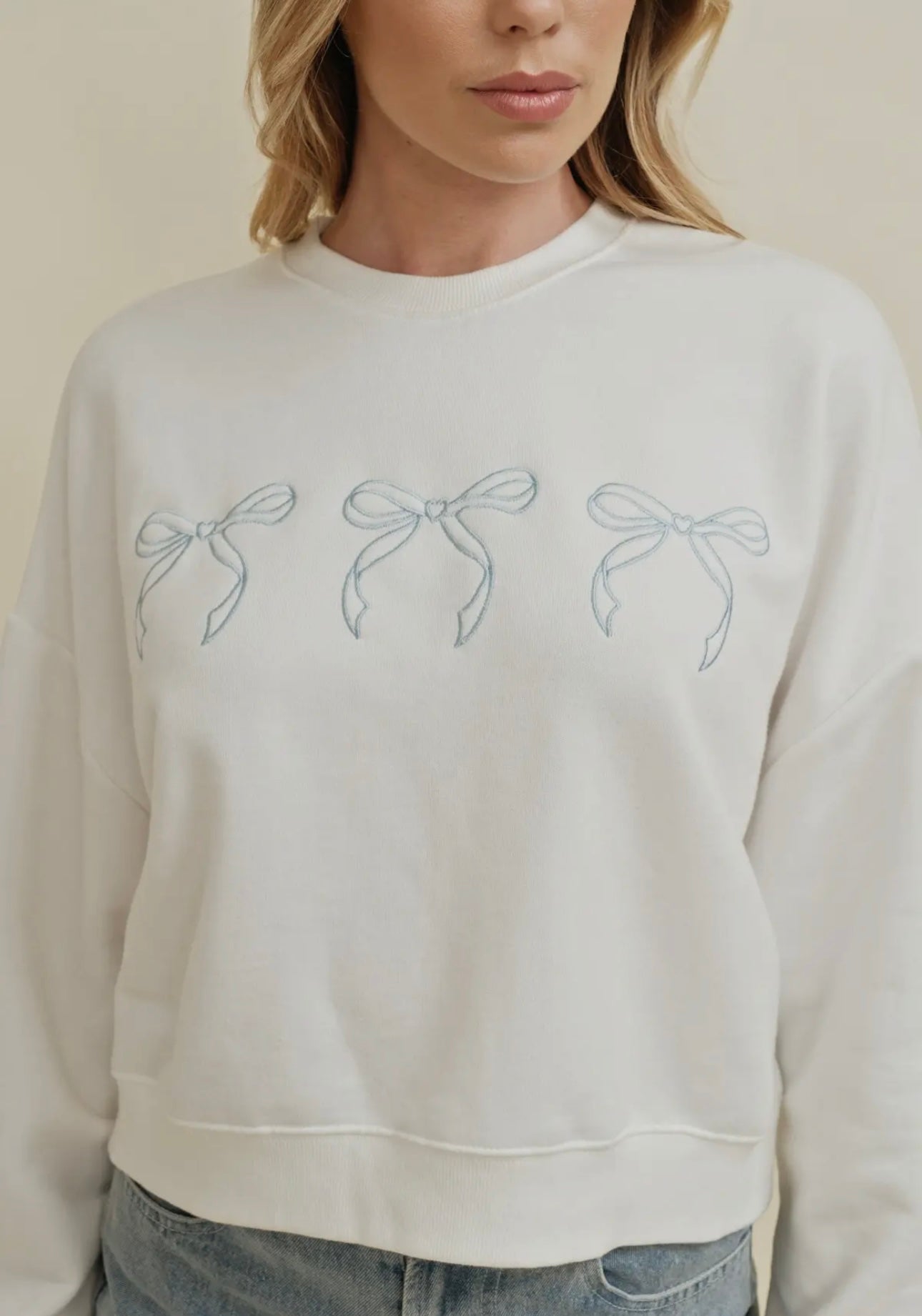 Off White Blue Bow Embroidered Sweatshirt