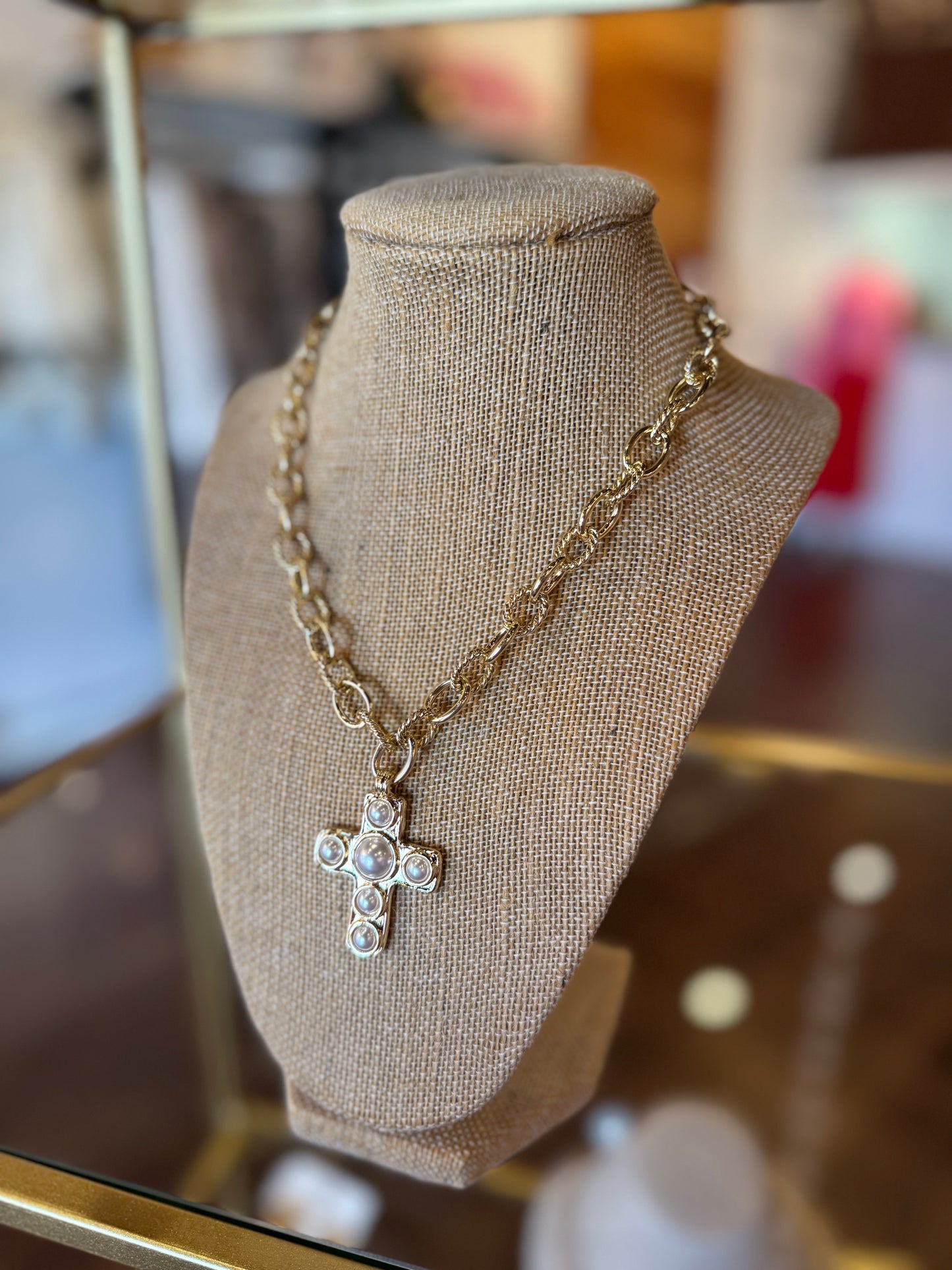 Pave Pearl Cross Necklace