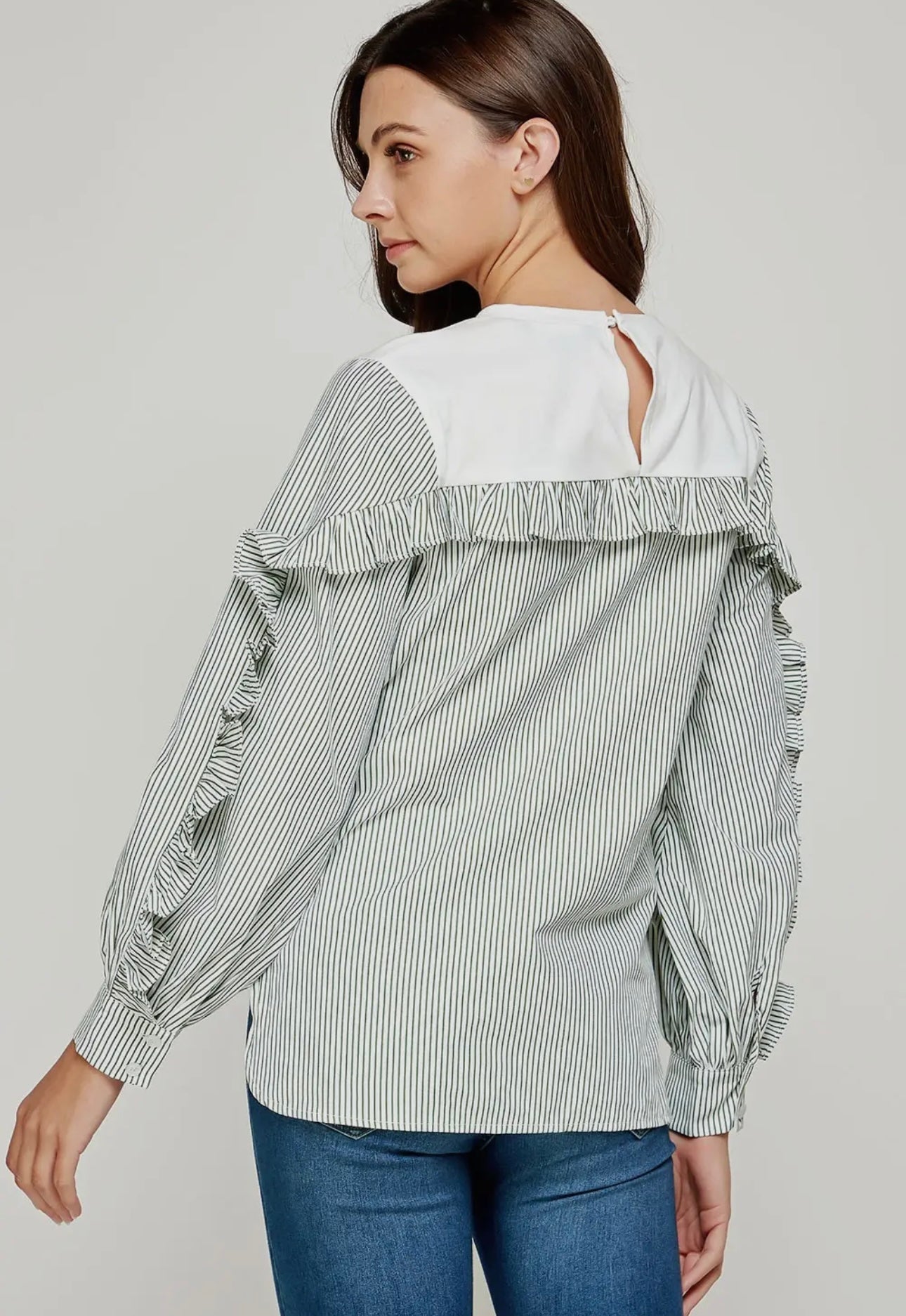 Green & White Contrast Stripe Long Sleeve Top