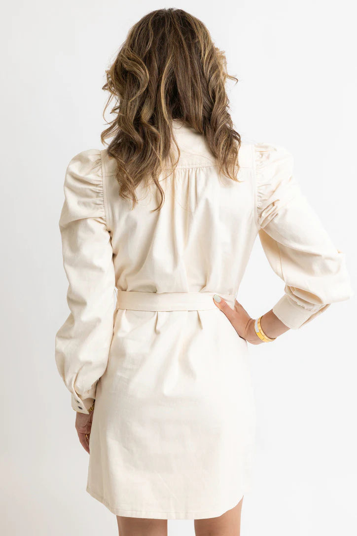 KARLIE| Ivory Denim Belted Puff Sleeve Dress