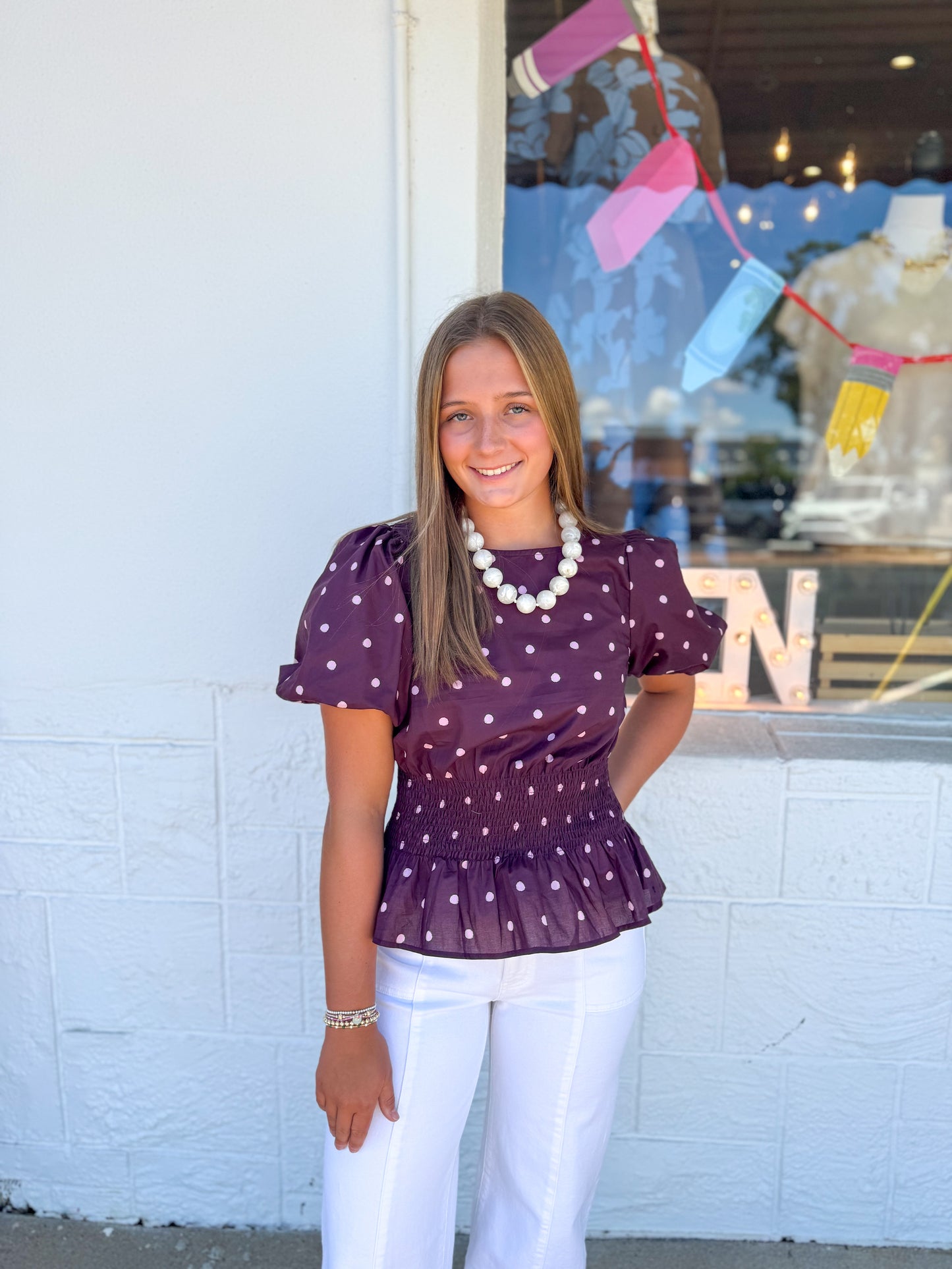 Plum Polka Dot Peplum Top