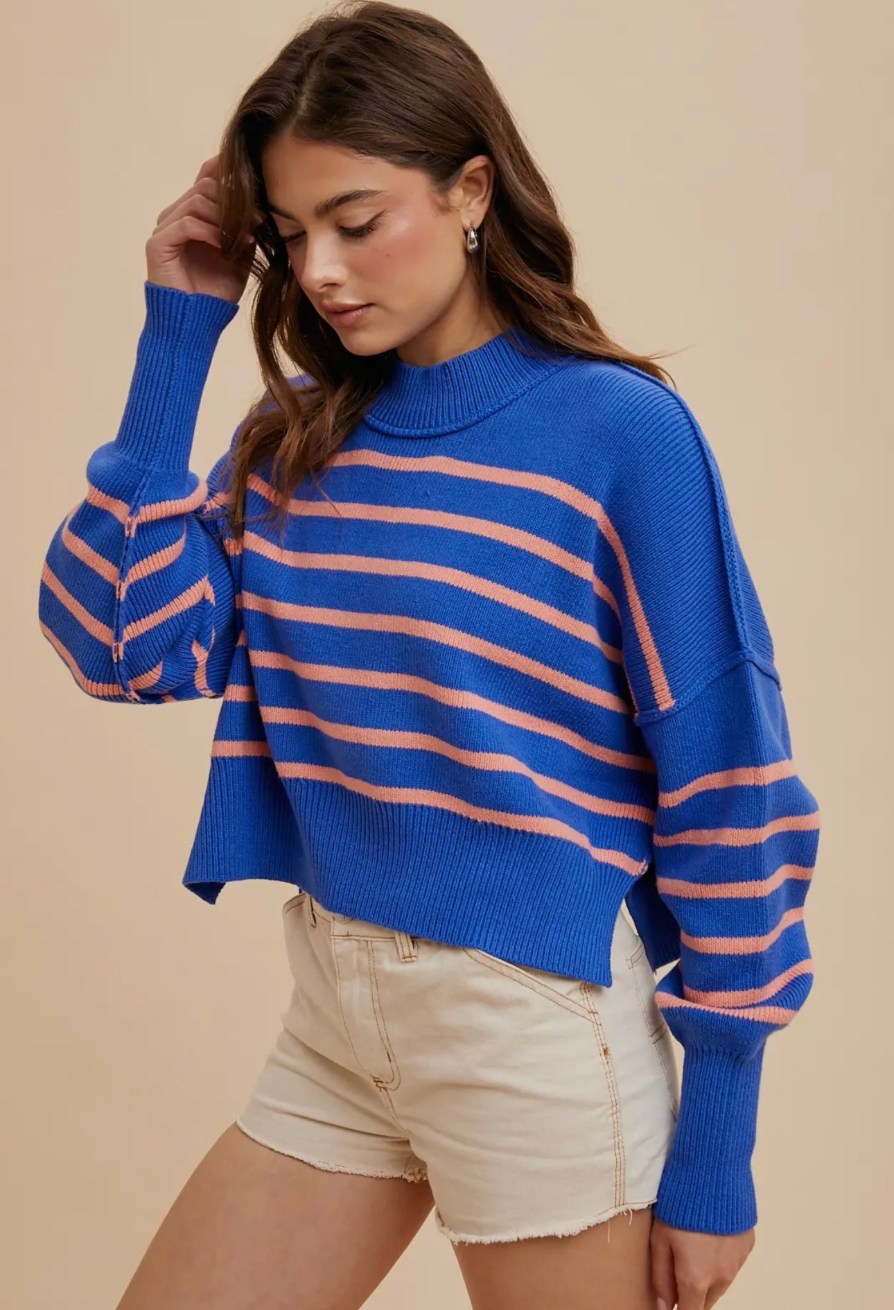 Cobalt Stripe Cropped Mock Neck Sweater