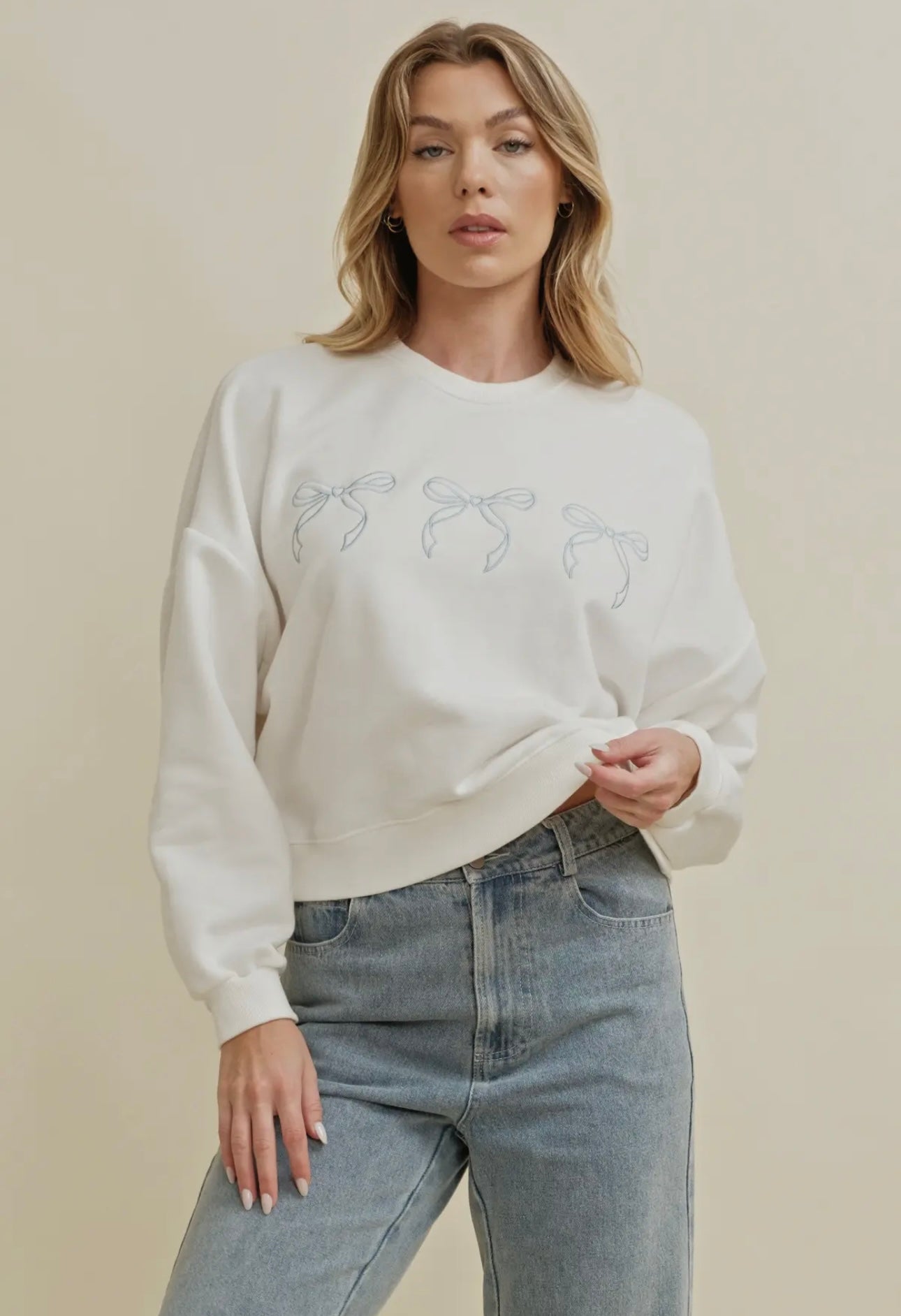 Off White Blue Bow Embroidered Sweatshirt