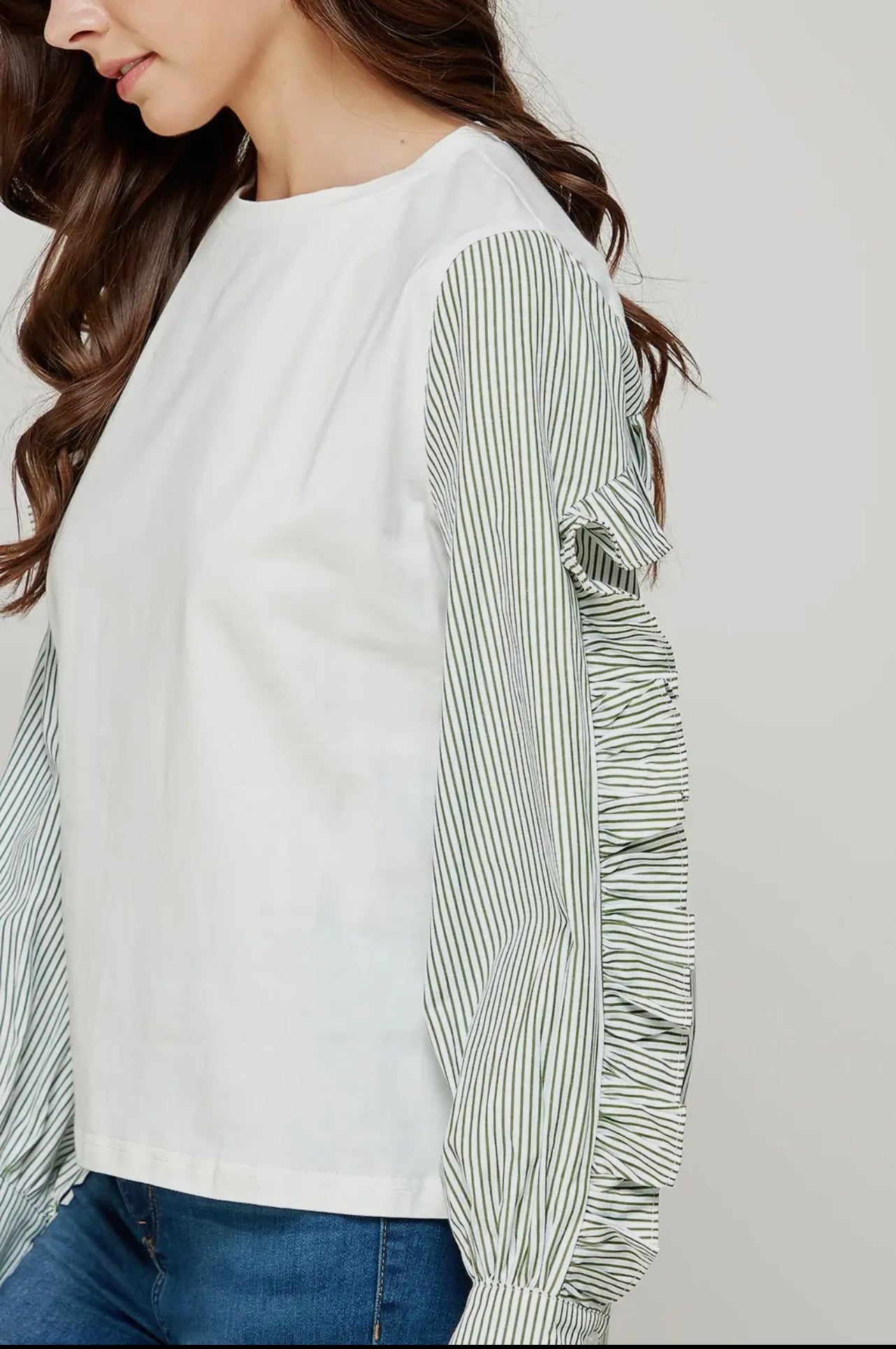 Green & White Contrast Stripe Long Sleeve Top