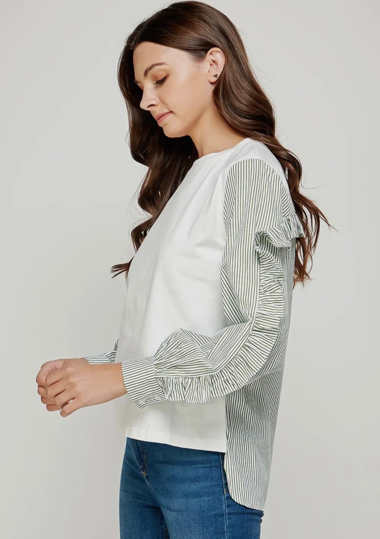 Green & White Contrast Stripe Long Sleeve Top