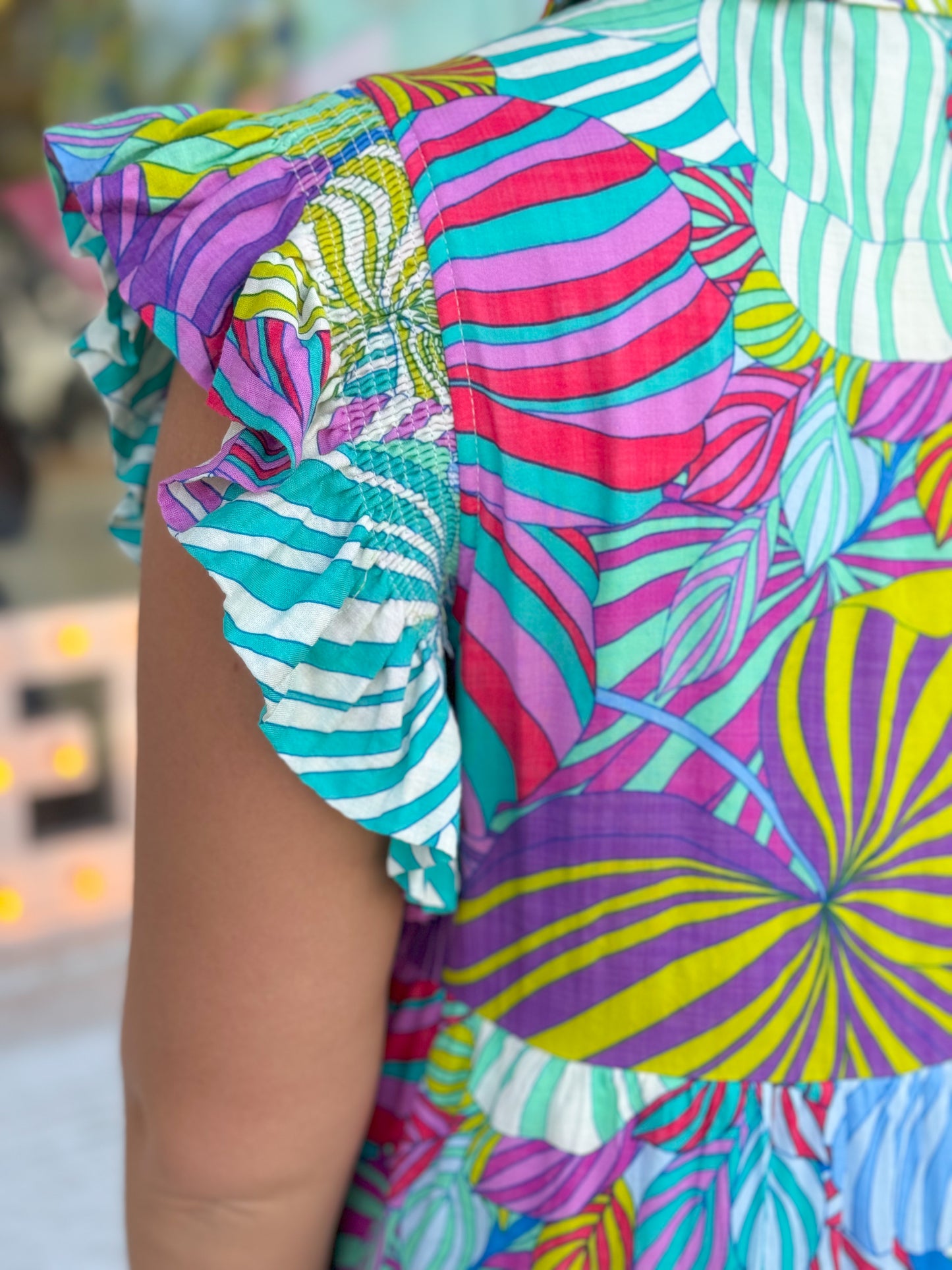 Groovy Tropics Flutter Sleeve Midi Dress