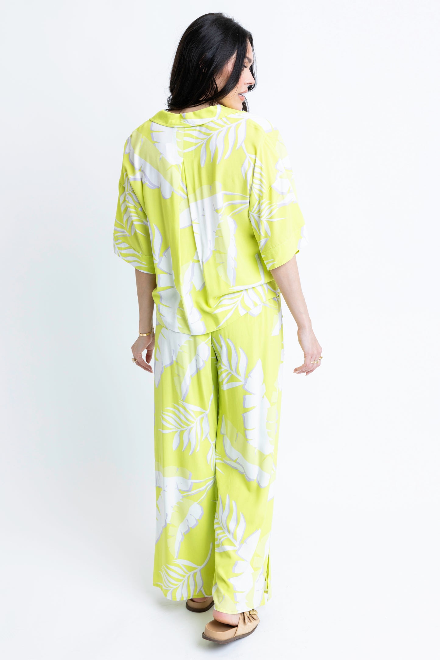 KARLEI| Lime Palm Leaf Smock Waist Pant
