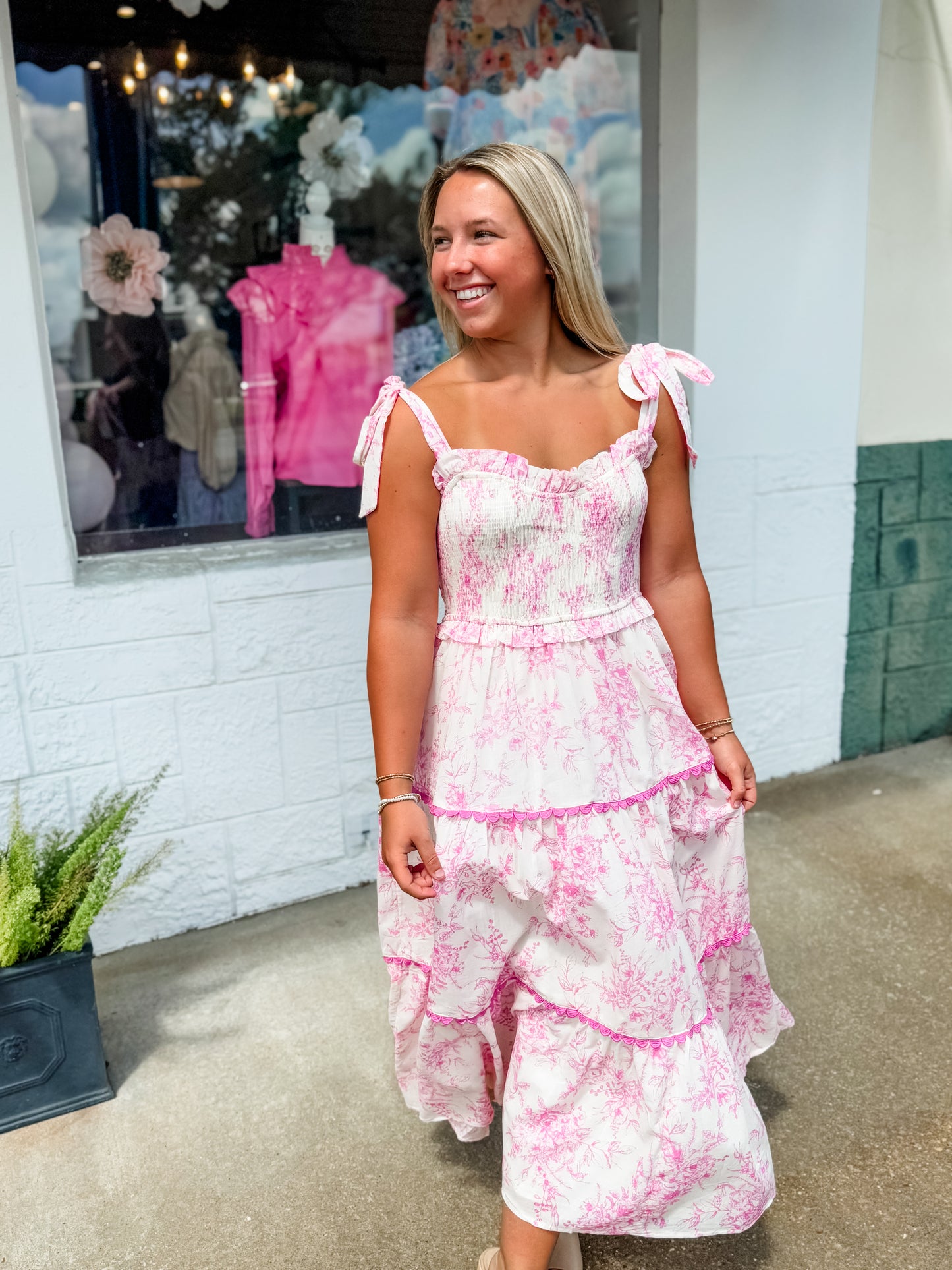 Pink Toile Tiered Dress