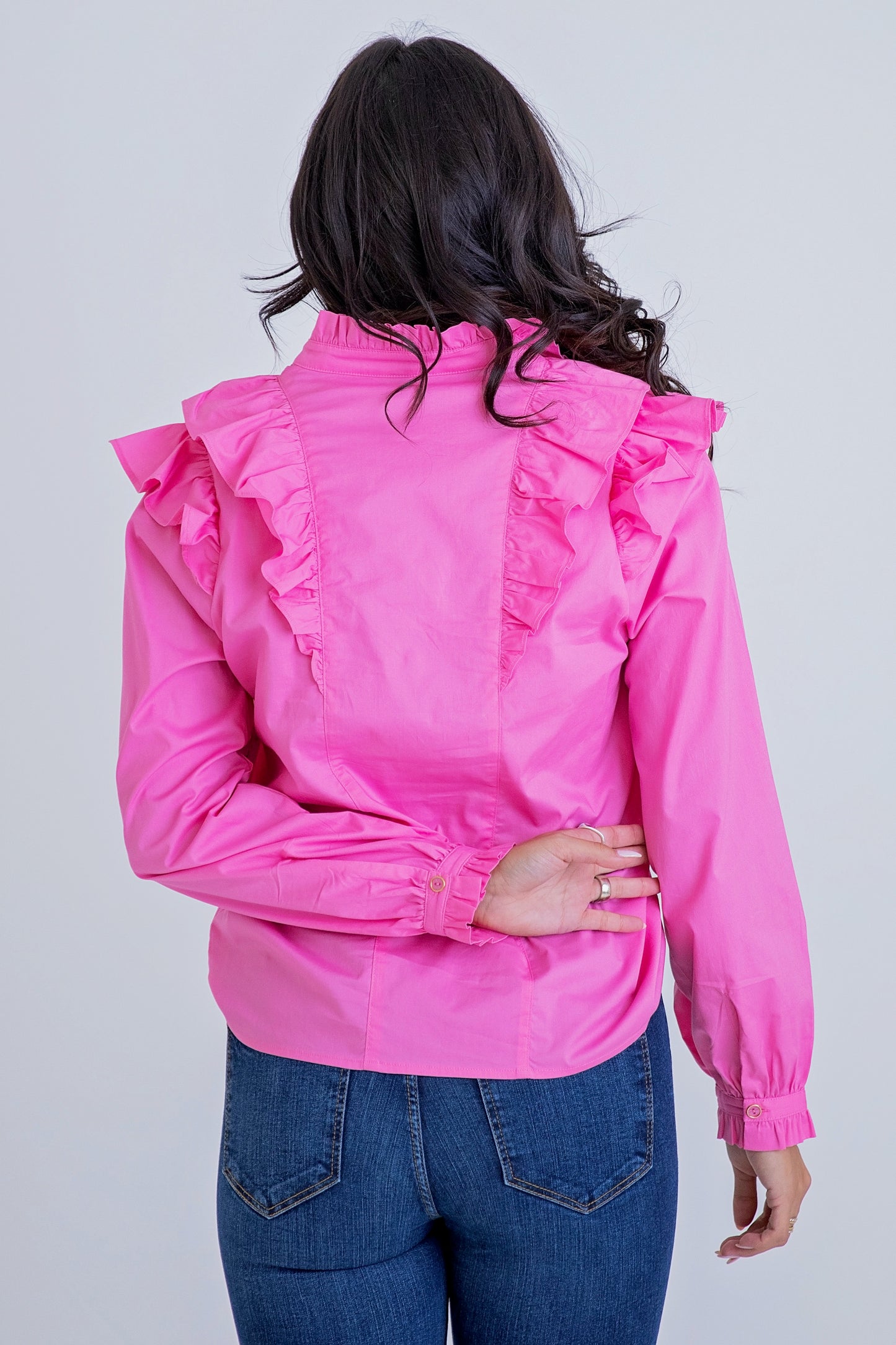 KARLIE| Poplin Pink Ruffle Button Top