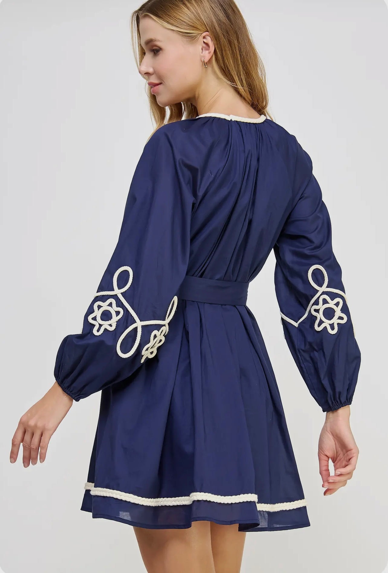 Navy Braid Trim Voile Mini Dress