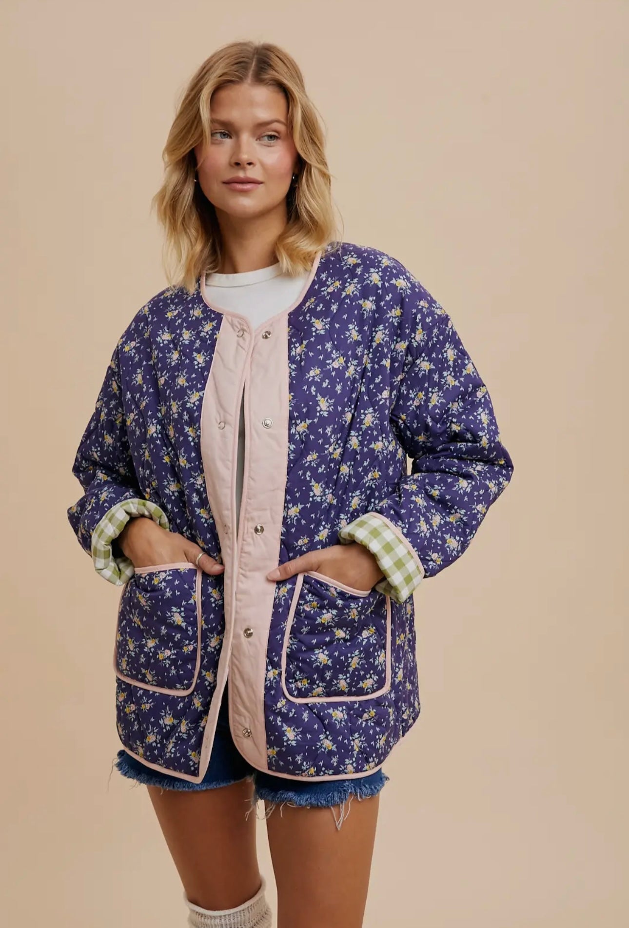 Midnight Floral/ Green Gingham Reversible Quilt Jacket