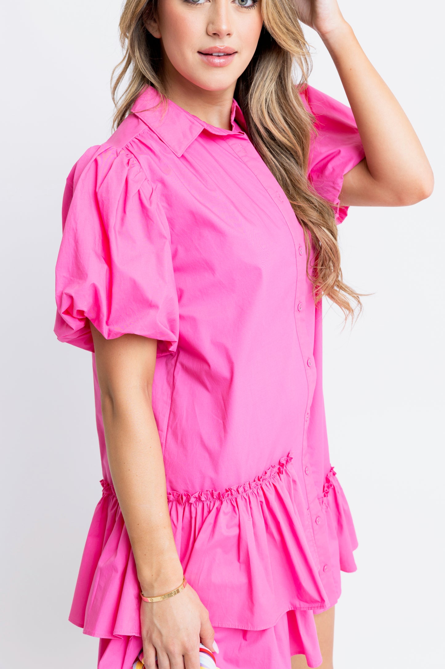 KARLIE| Hot Pink Solid Ruffle Bottom Shirt Dress