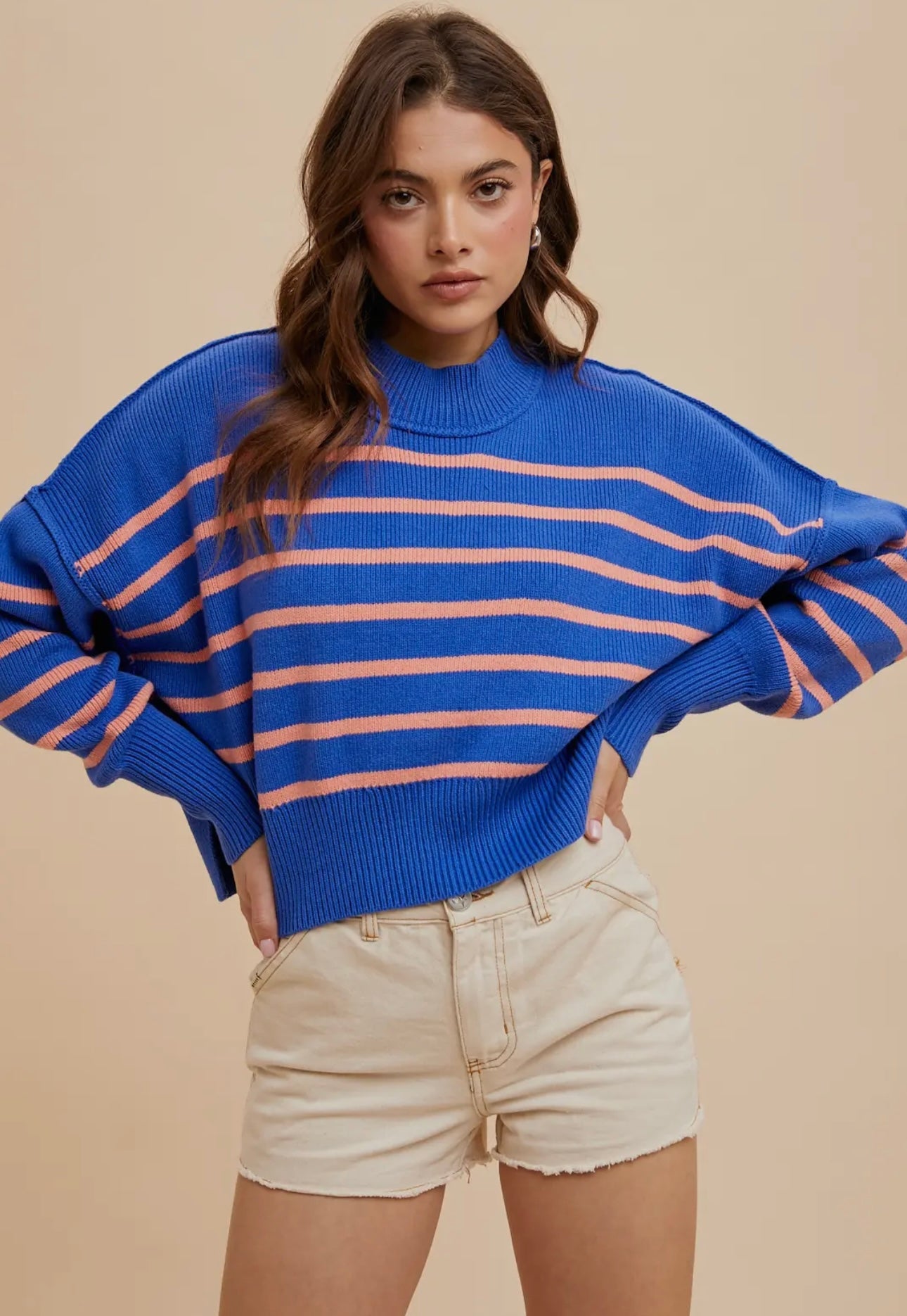 Cobalt Stripe Cropped Mock Neck Sweater