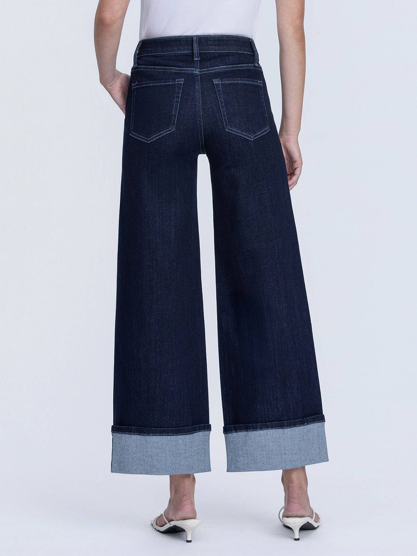 HIGH RISE DARK WASH CUFFED ANKLE WIDE LEG JEANS