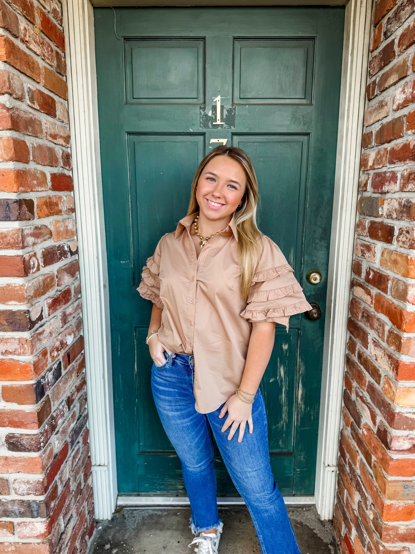 Taupe Ruffle Poplin Top