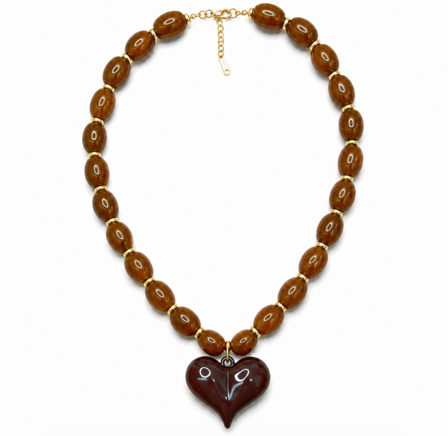 Almafi Brown Resin Heart Chunky Statement Necklace | Stainless Steel