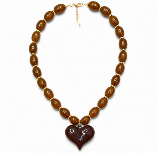 Almafi Brown Resin Heart Chunky Statement Necklace | Stainless Steel