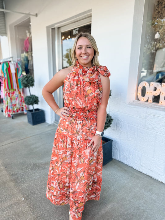 Dusty Orange Neck Tie Midi Dress