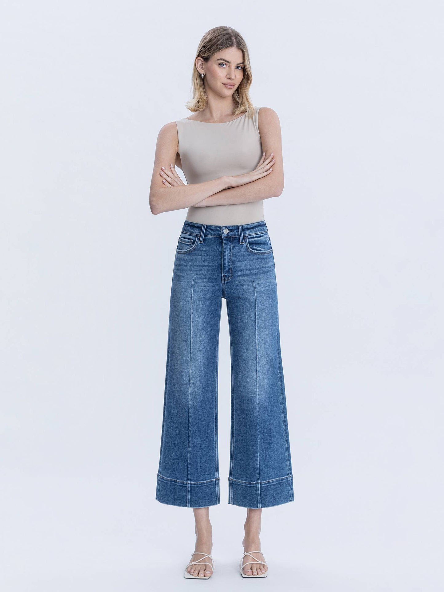 HIGH RISE TROUSER HEM PIN TUCK ANKLE WIDE JEANS