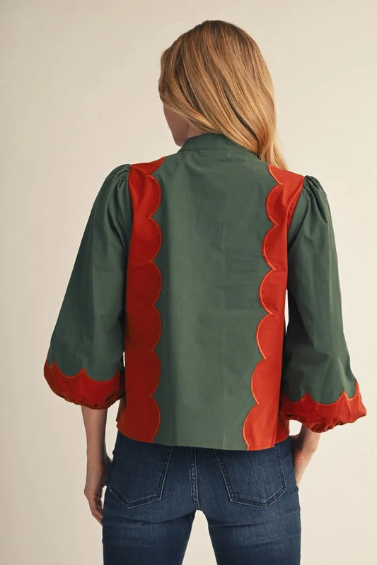 Hunter Green & Rust Scallop Top