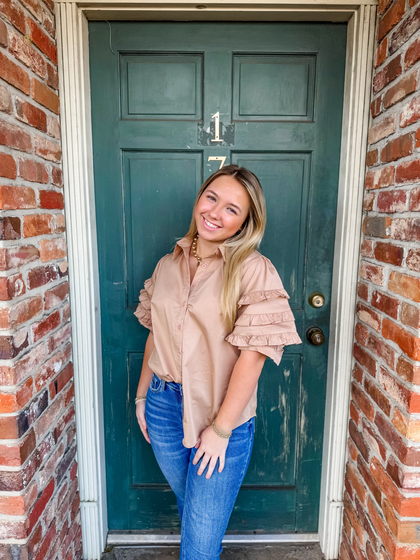 Taupe Ruffle Poplin Top