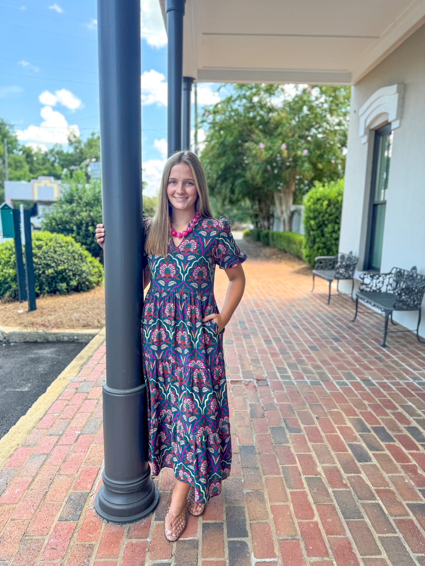 Hunter Green & Magenta Midi Dress