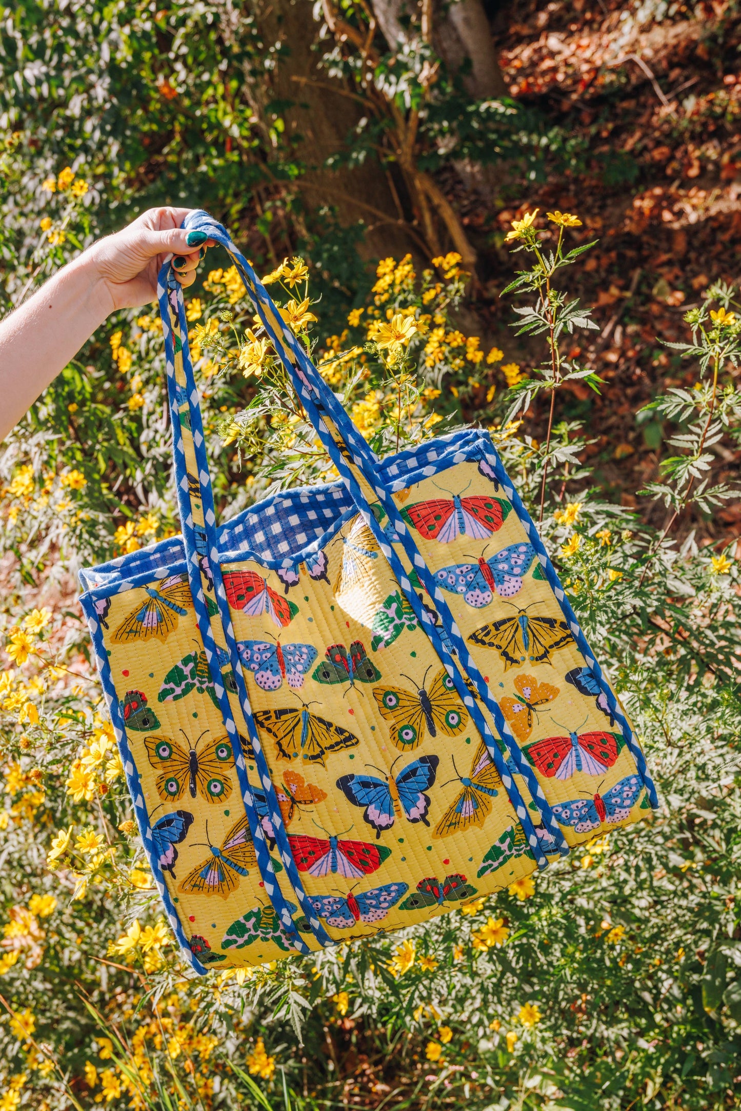 Quilted Tote Bag | Large Travel Bag | Yellow Butterfly Print