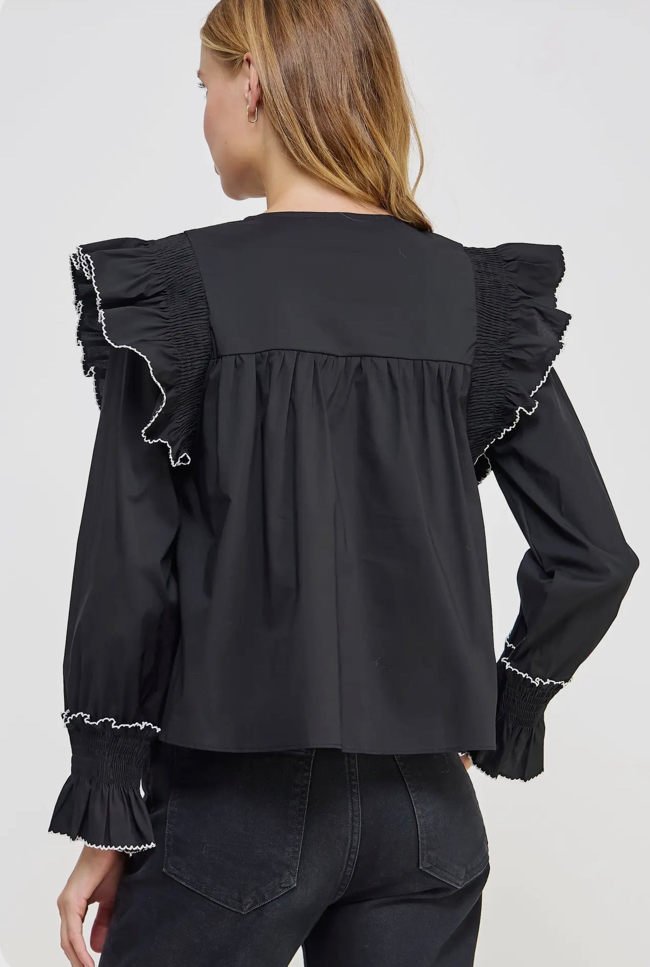 Black Contrast Ruffle Long Sleeve Top